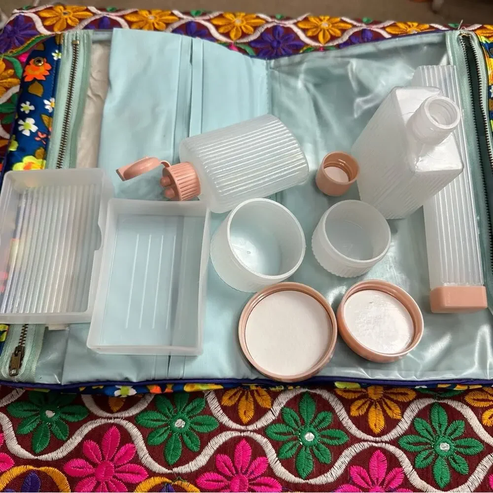 Vintage 60's Celebrity Satin Floral Retro Weekend Toiletry Travel Kit with Jars